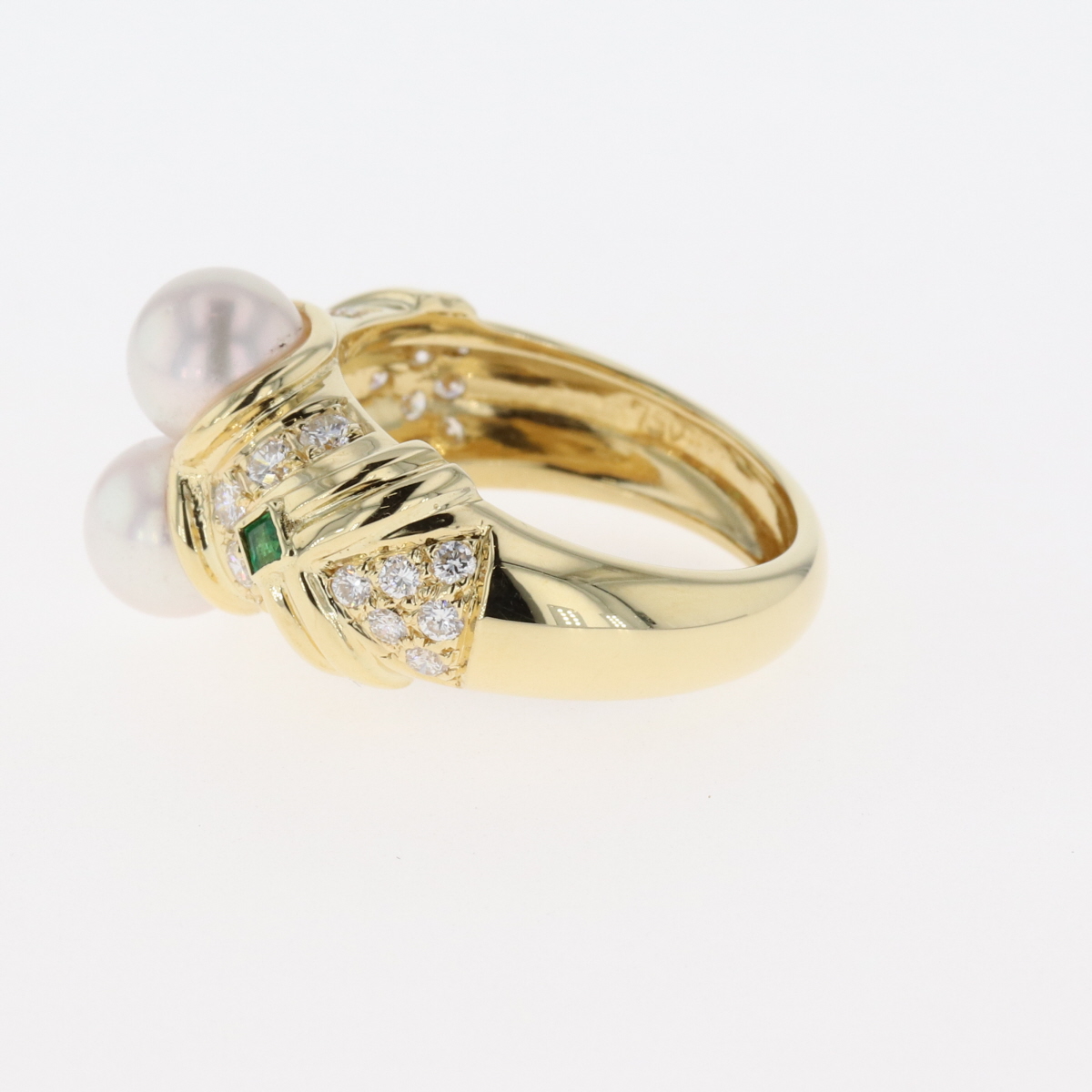 大得価在庫  パール デザインリング K18 イエローゴールド 指輪 メレダイヤ エメラルド 真珠 リング 約10.5号 YG パール ダイヤモンド レディース ：バイセル 店 大人気新品