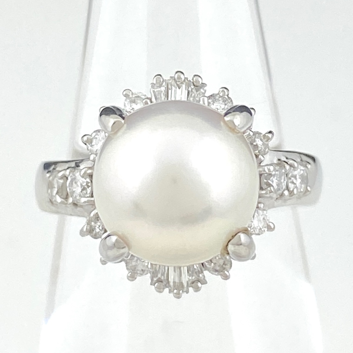 パール デザインリング プラチナ 指輪 メレダイヤ 真珠 リング 16号