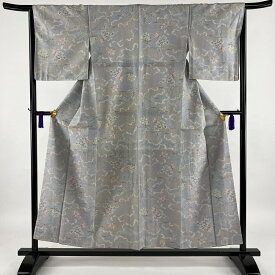 紬 秀品 鶴 雲文 青灰色 袷 身丈155cm 裄丈65cm M 正絹 【中古】