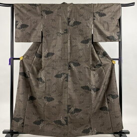 紬 秀品 鶴 雲文 焦茶色 袷 身丈162.5cm 裄丈64cm M 正絹 【中古】