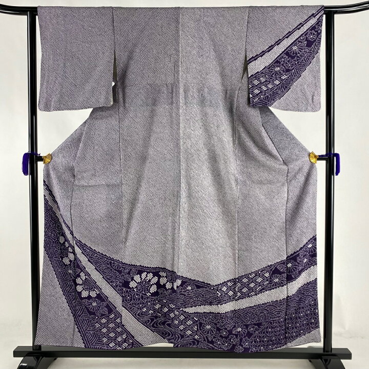 Sale 訪問着 66cm 161cm M 中古 正絹 秀品 絞り 花車 草花 袷 金通し 黒灰 セール商品 秀品