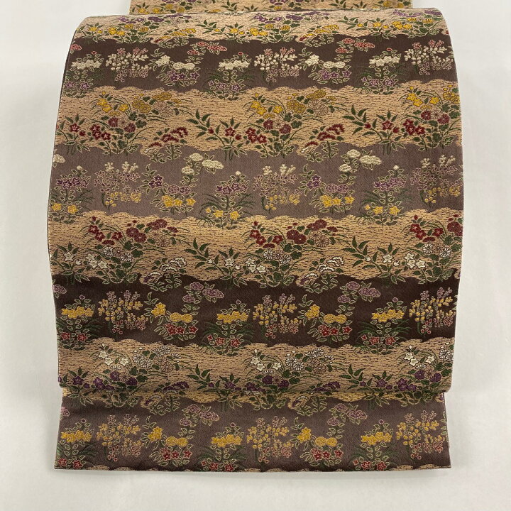 楽天市場】袋帯 美品 名品 落款あり あらいそ 秋草 幾何学模様 箔 焦茶色 全通 正絹 【中古】 : バイセル 楽天市場店
