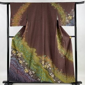 訪問着 身丈156cm 裄丈63.5cm S 袷 草花 金通し 絞り 茶紫 正絹 美品 逸品 【中古】