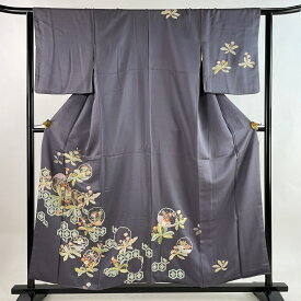 訪問着 身丈156.5cm 裄丈62cm S 袷 雪輪 草花 金彩 灰紫 正絹 秀品 【中古】