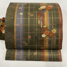 名古屋帯 美品 秀品 草花 格子 箔 刺繍 茶緑色 正絹 【中古】