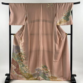 50％OFF 訪問着 身丈167cm 裄丈67.5cm L 袷 落款あり 扇面 草花 金彩 絞り ピンク 正絹 名品 【中古】 msp50