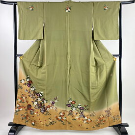 色留袖 身丈162cm 裄丈63.5cm S 袷 花井幸子 落款あり 椿 貝桶 金糸 金彩 茶緑色 正絹 名品 五つ紋 【中古】