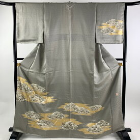 訪問着 身丈167.5cm 裄丈64cm M 袷 藤井寛 落款あり 松 霞 金糸 金彩 灰色 正絹 美品 逸品 一つ紋 【中古】