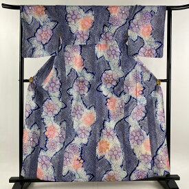 浴衣 身丈159cm 裄丈65cm M 絞り浴衣 草花 紺色 綿 名品 【中古】