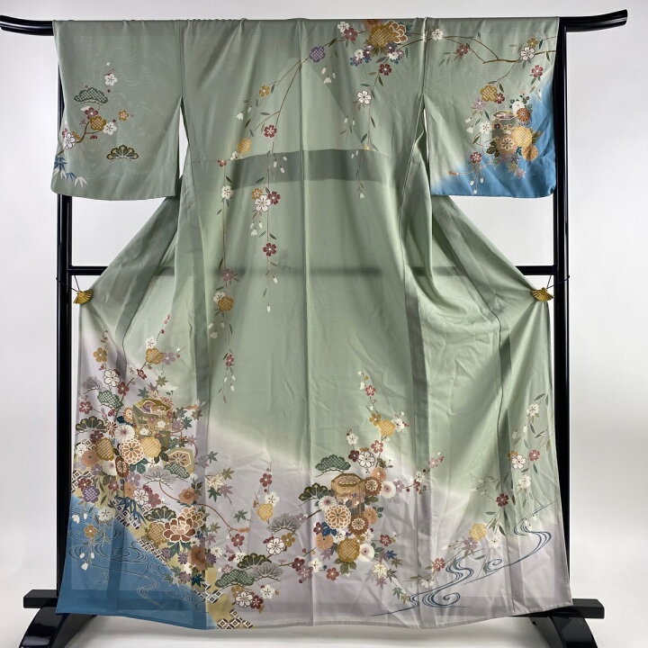 訪問着 身丈165cm 裄丈68cm L 薄物 絽 貝桶 松竹梅 金銀彩 染め分け