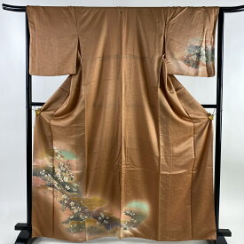 付下げ 身丈165cm 裄丈64cm M 袷 草花 地紋 ぼかし 薄茶色 正絹 優品 一つ紋 【中古】