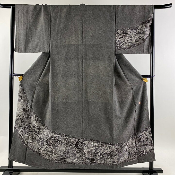 訪問着 身丈155.5cm 裄丈64.5cm M 袷 草花 斜縞 灰色 正絹 美品 名品  