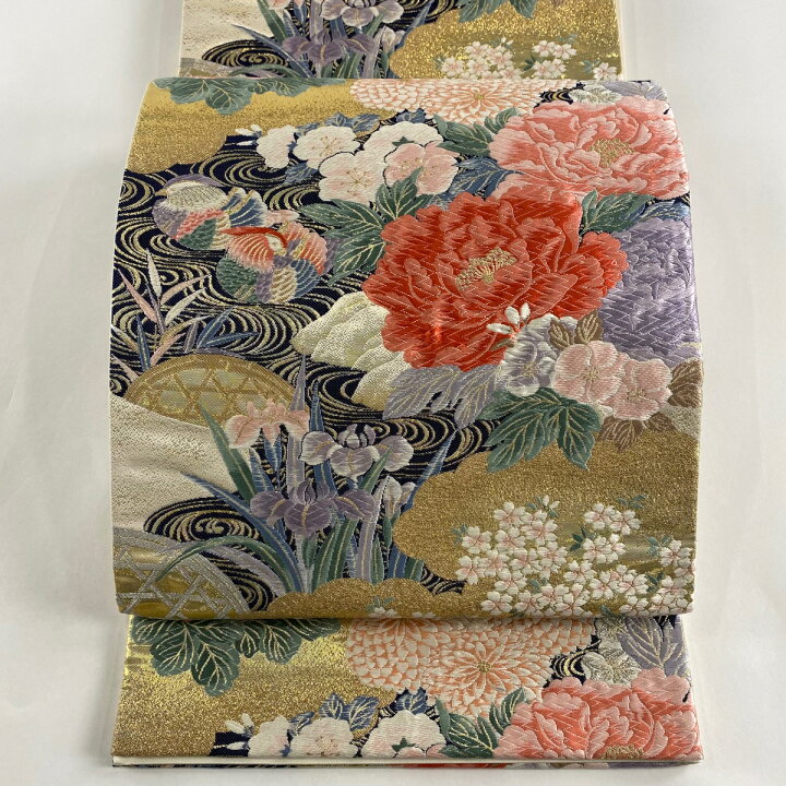 楽天市場】袋帯 美品 秀品 24K純金箔錦 観世流水花文 金銀糸 箔 濃紺 