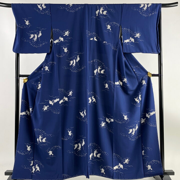 楽天市場】小紋 身丈162cm 裄丈69.5cm L 袷 鳥獣戯画 紺色 正絹 美品  
