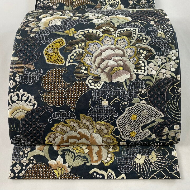楽天市場】袋帯 美品 逸品 花唐草 刺繍 金銀糸 青灰色 六通 正絹