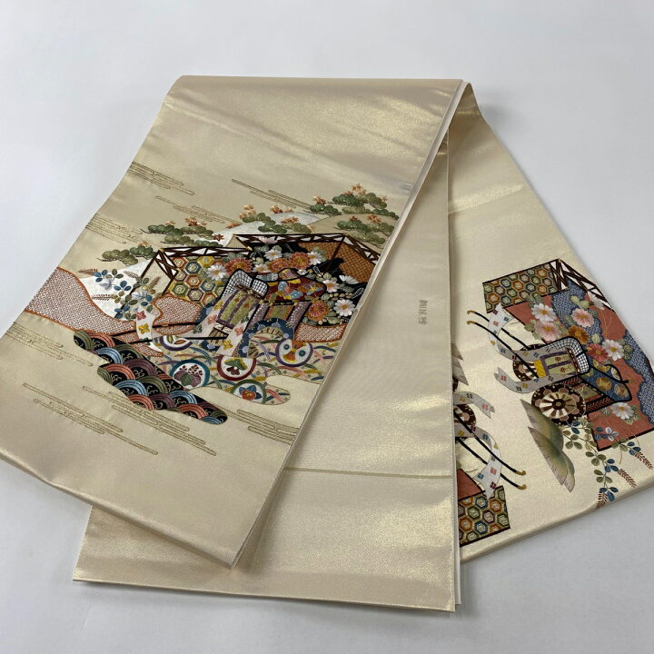楽天市場】袋帯 美品 逸品 雪英導 御所車 草花 刺繍 金糸 金色 お太鼓  
