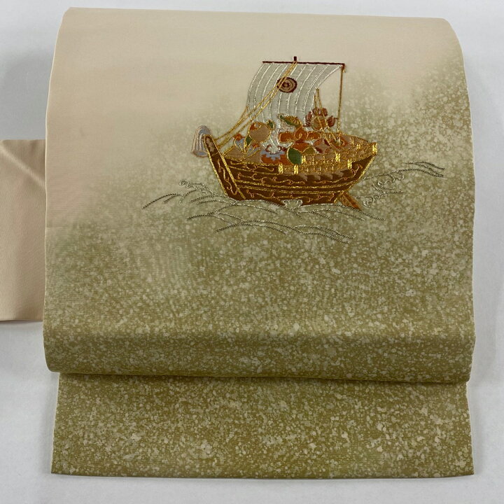 楽天市場】名古屋帯 美品 秀品 宝船 波 金銀糸 刺繍 薄オレンジ 正絹 