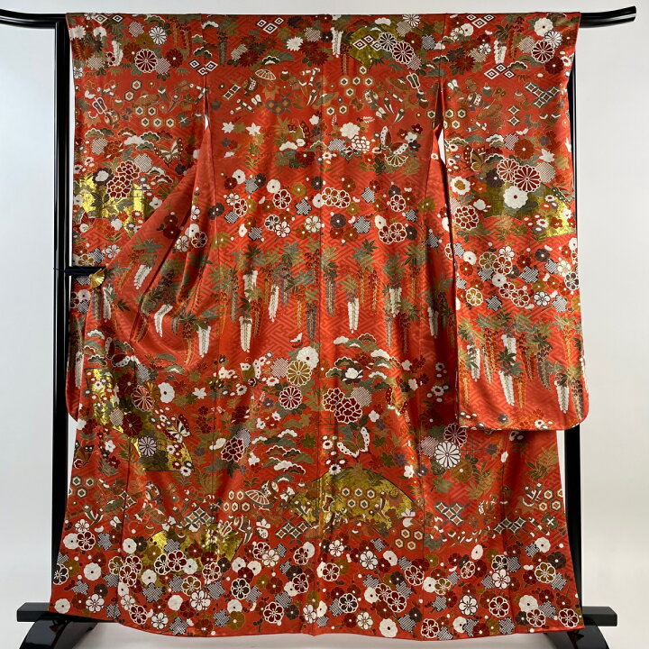 楽天市場】振袖 身丈162cm 裄丈65cm M 袷 扇面 草花 金糸 金彩 朱色