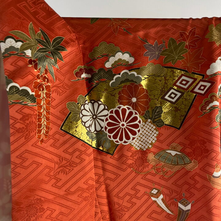楽天市場】振袖 身丈162cm 裄丈65cm M 袷 扇面 草花 金糸 金彩 朱色