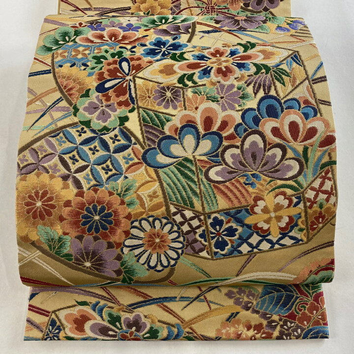 楽天市場】袋帯 美品 逸品 白綾苑大庭 落款あり 七宝 草花 金糸 薄茶色 
