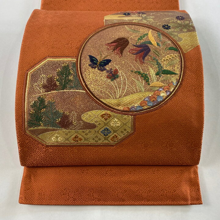 正絹 桃橙地 手刺繍 金彩 美品
