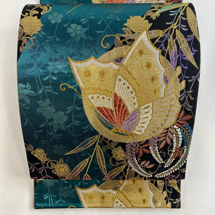 袋帯 美品 秀品 鳥 草花 箔 金糸 金色 六通 正絹 【中古】 美品