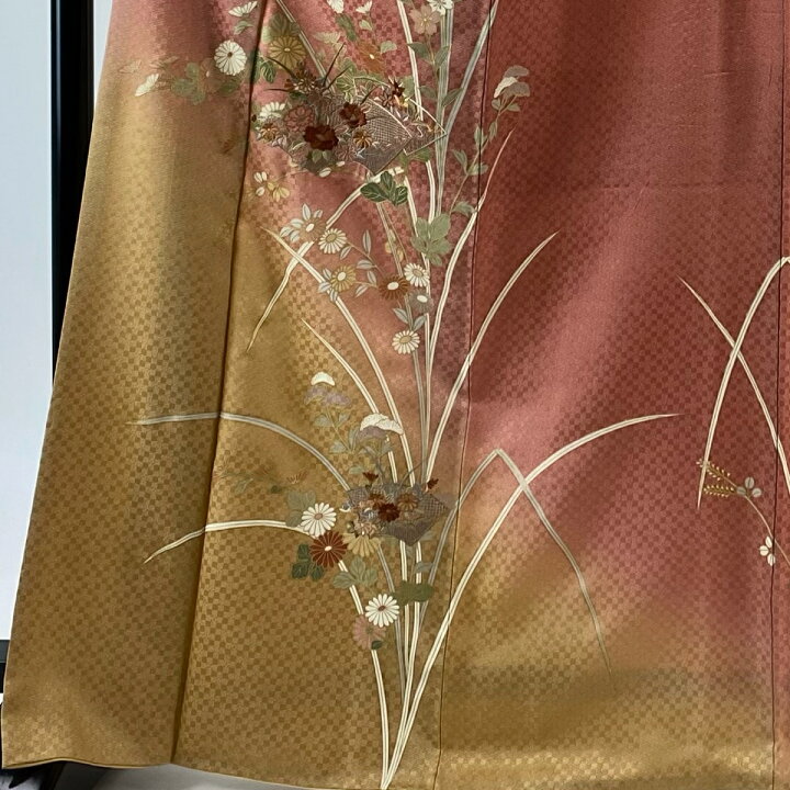 正絹 桃橙地 手刺繍 金彩 美品