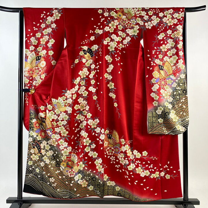 楽天市場】振袖 身丈155.5cm 裄丈64.5cm M 袷 蝶 桜 金糸 金彩 赤 正絹  
