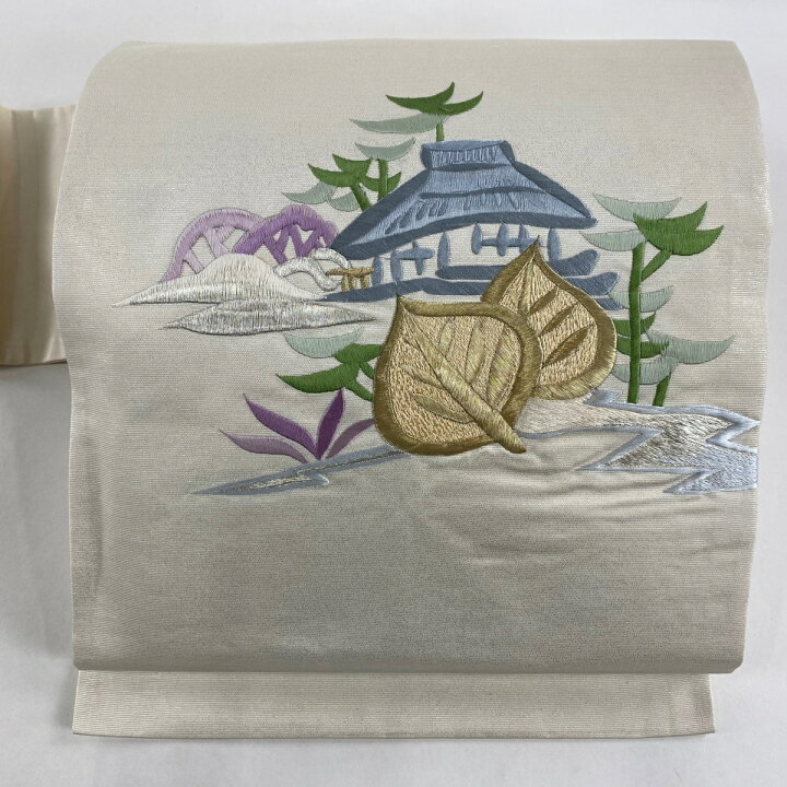 楽天市場】名古屋帯 美品 優品 建物 葉 刺繍 金銀糸 クリーム 正絹  