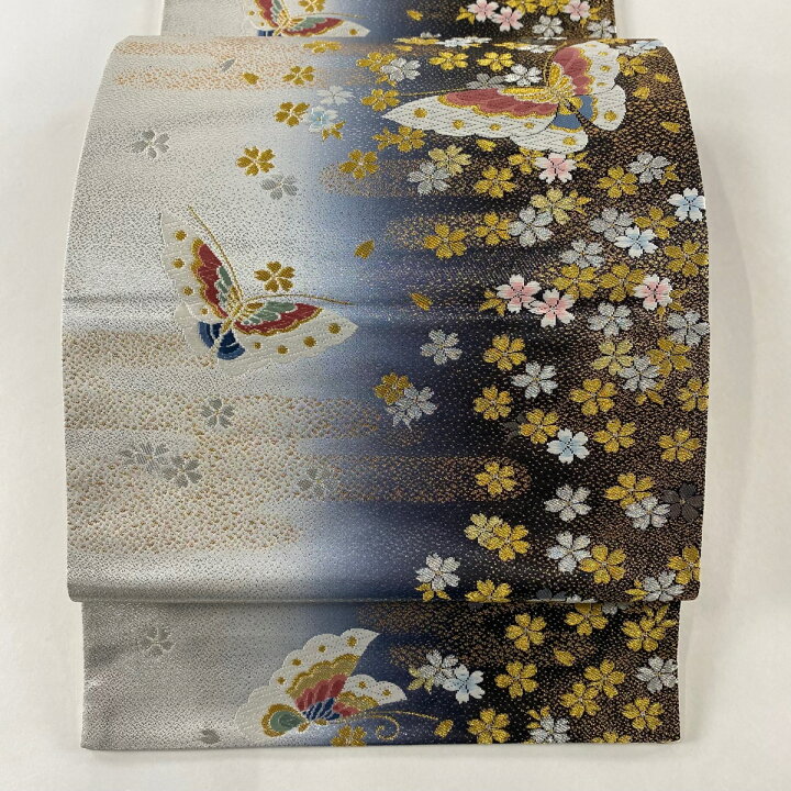 楽天市場】袋帯 美品 秀品 蝶 花 金銀糸 箔 青黒 六通 正絹 【中古 