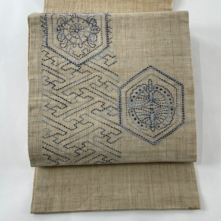 楽天市場】開き名古屋帯 名品 夏帯 紬地 亀甲 蝶 刺し子刺繍 薄茶色  