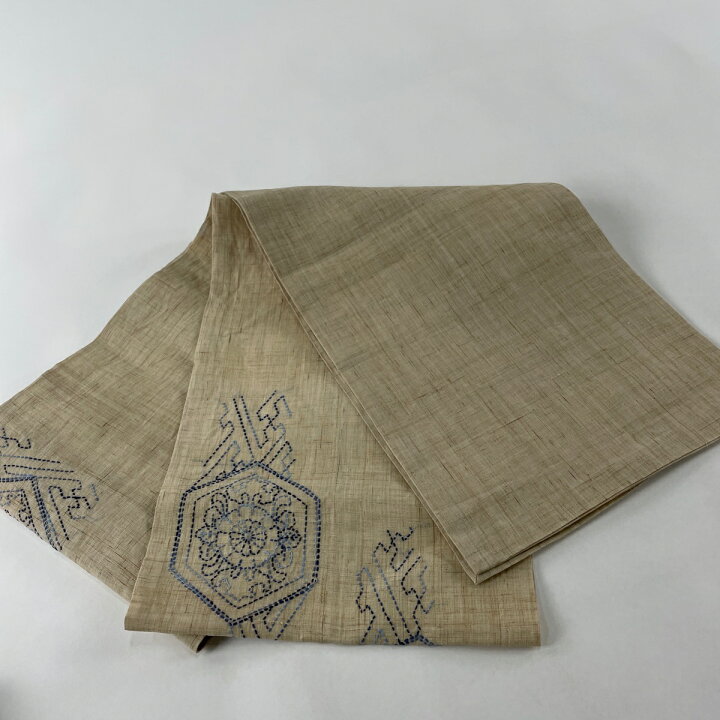 楽天市場】開き名古屋帯 名品 夏帯 紬地 亀甲 蝶 刺し子刺繍 薄茶色  