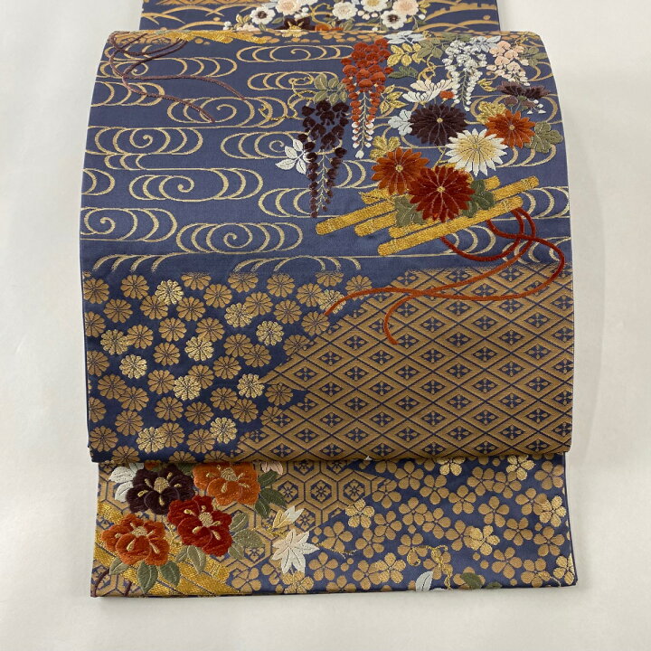 楽天市場】袋帯 美品 秀品 能衣花筏紋 金銀糸 箔 青灰色 六通 正絹 