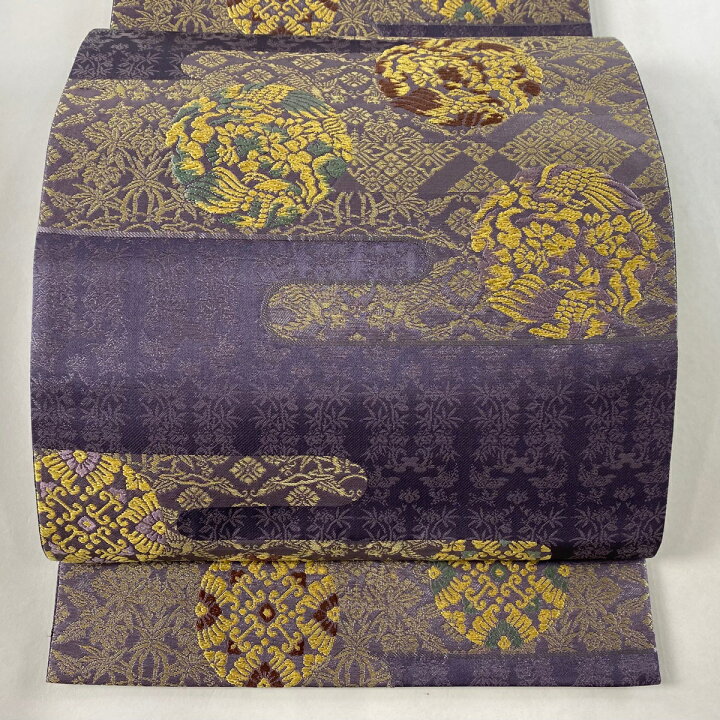 楽天市場】袋帯 美品 名品 霜鳥忍 彩天目 霞 花丸文 金糸 紫 六通 正絹 