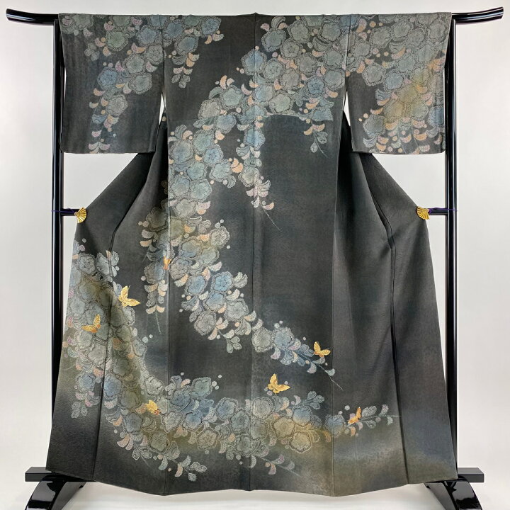 楽天市場】訪問着 身丈160cm 裄丈65cm M 袷 草花 蝶 金糸 金彩 灰色  