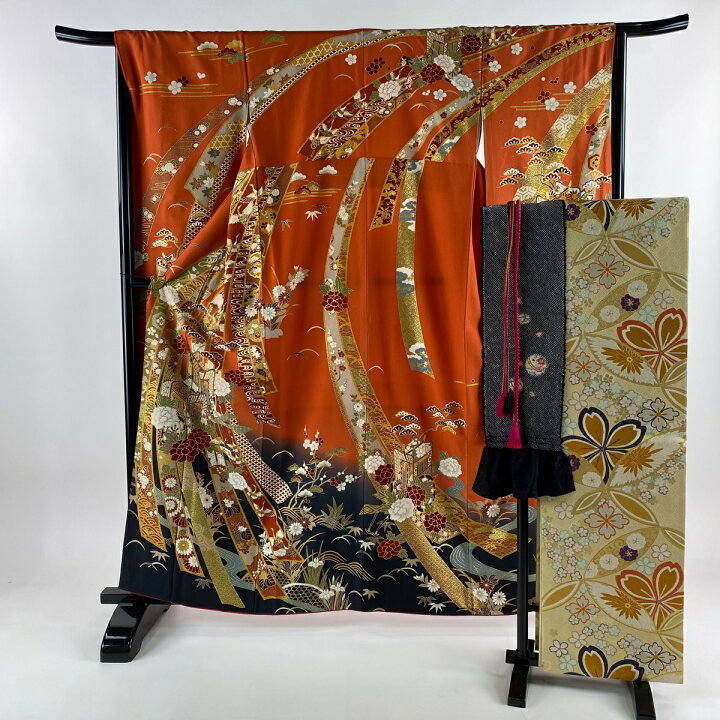 正絹 桃橙地 手刺繍 金彩 美品