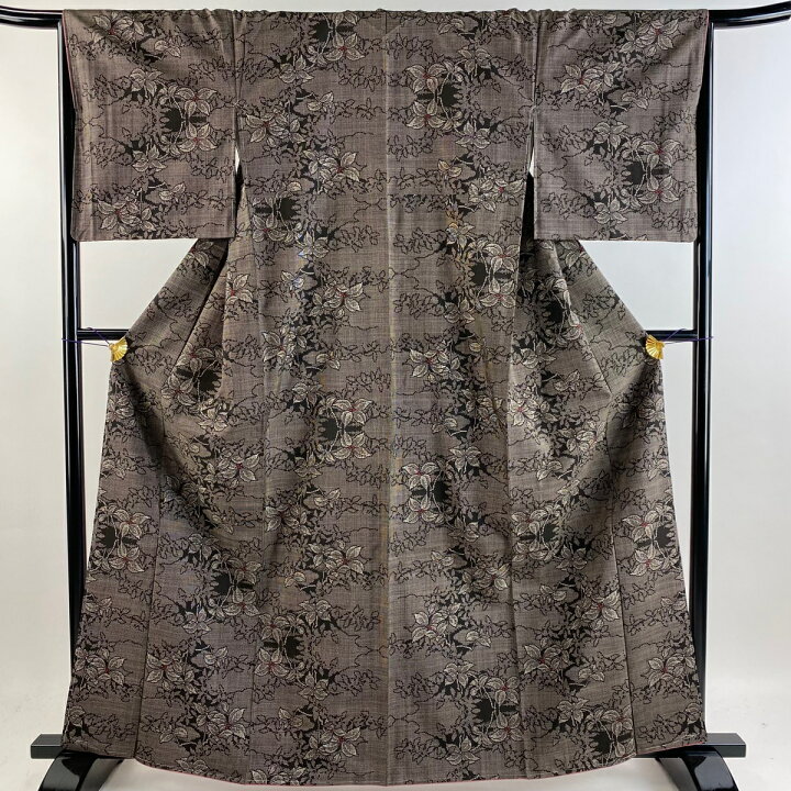 楽天市場】紬 身丈163cm 裄丈66cm M 袷 草花 焦茶色 正絹 美品 名品  