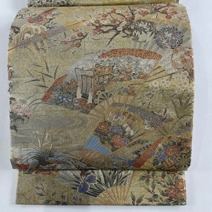 楽天市場】丸帯 美品 逸品 扇面 花鳥 金銀糸 箔 金色 お太鼓柄 正絹  