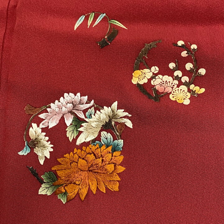 正絹 桃橙地 手刺繍 金彩 美品