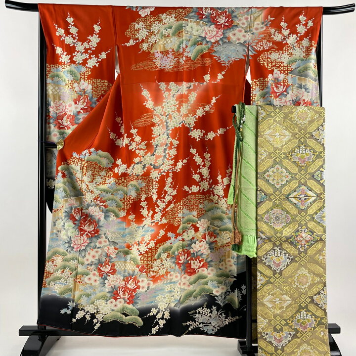楽天市場】振袖 身丈159.5cm 裄丈66cm M 袷 袋帯フルセット 牡丹 松梅