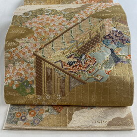 袋帯 美品 名品 服部織物 落款あり 吹抜御殿文様 金糸 箔 金色 六通 正絹 【中古】