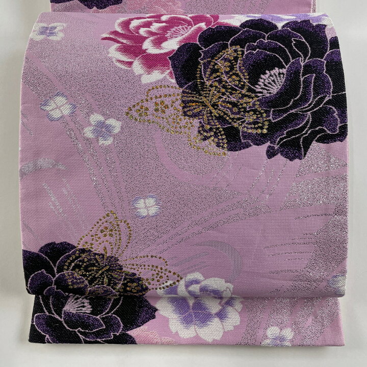 楽天市場】袋帯 秀品 薔薇 蝶 ラメ箔 薄紫 六通 正絹 【中古 