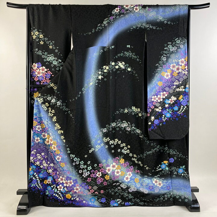 楽天市場】振袖 身丈170cm 裄丈66.5cm M 袷 草花 流水 金糸 金通し 黒  