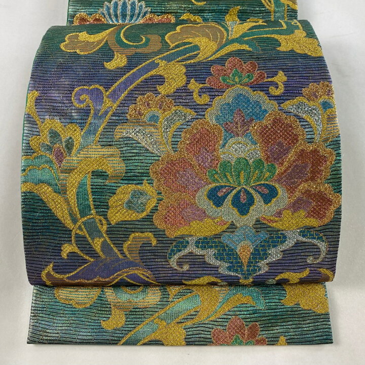 楽天市場】袋帯 美品 逸品 迎賓館 花唐草 箔 ラメ糸 青緑 六通 正絹 