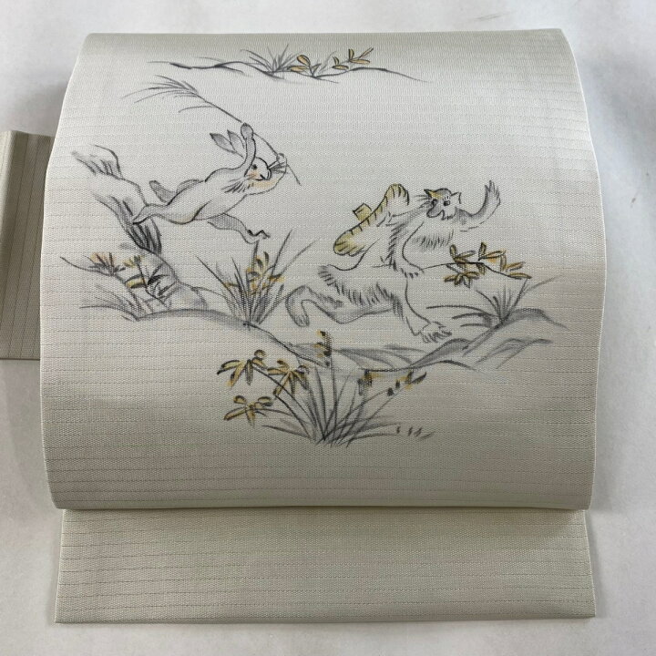 楽天市場】名古屋帯 美品 逸品 夏帯 絽 鳥獣戯画 草花 ベージュ 正絹  