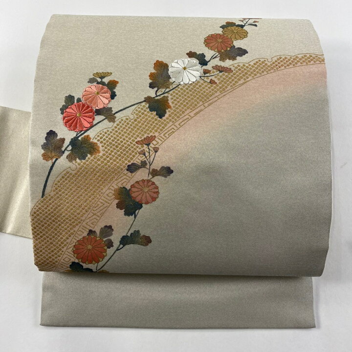 楽天市場】名古屋帯 優品 菊 幾何学 刺繍 金彩 ベージュ 正絹 【中古 