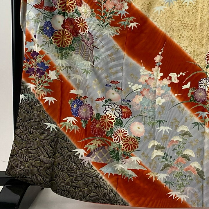 楽天市場】振袖 身丈164cm 裄丈68cm L 袷 秋草 波 金糸 金彩 朱色 正絹