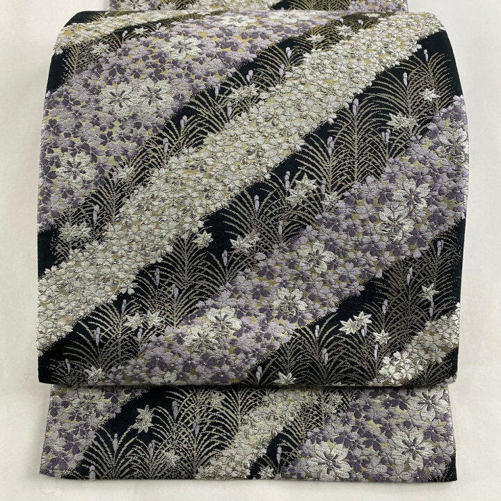 楽天市場】袋帯 美品 名品 やまと 桜 草花 銀糸 箔 黒 六通 正絹 