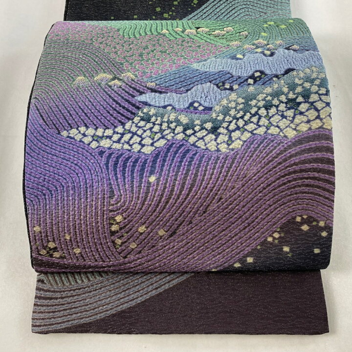 楽天市場】袋帯 美品 逸品 滝泰 落款あり 波 銀通し 刺繍 墨色 お太鼓  