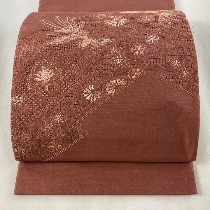 楽天市場】袋帯 美品 秀品 紬地 尾長鳥 草花 刺繍 小豆色 お太鼓柄 